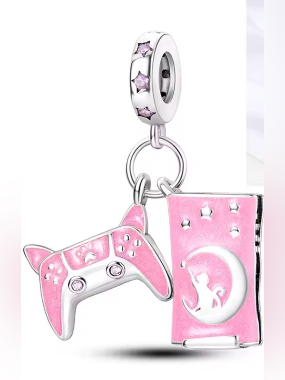 Silver & Pink Cat Controller & Moon PlayStation Console Dangle Charm